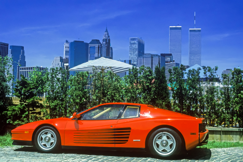 Ferrari 512 in front of the Twin Towers, East River, Manhattan, 1992 - 2 Graded