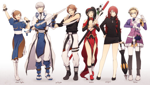  chun li narukami yuu satonaka chie amagi yukiko aegis and 8 more persona and 8 more drawn by mushis