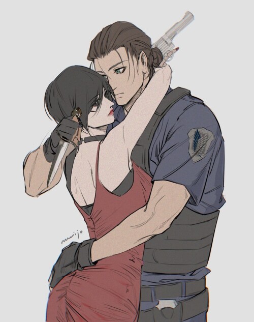  mikasa ackerman eren yeager leon s kennedy and ada wong shingeki no kyojin and 1 more drawn by mnin