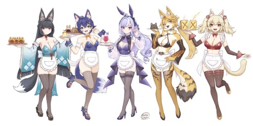  belle hoshimi miyabi vivian banshee burnice white and pulchra fellini zenless zone zero drawn by bu