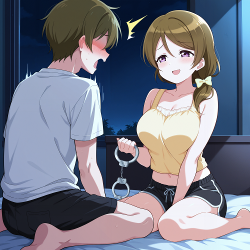 1 0 00031 0.15, 1girl, koizumi hanayo, memoi, purple eyes, happy, bdsm, tape gag, bedroom, dark, nig