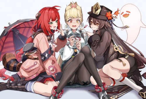  hu tao boo tao alice thymefield ukinami yuzuha and kamanosuke genshin impact and 2 more drawn by yu