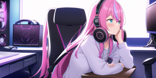 pink hair, long hair, computer, desk, happy, hololive gamers, headphones, lookin s 669278045 edit st