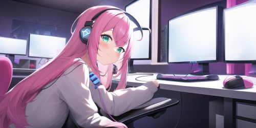 pink hair, long hair, computer, desk, happy, hololive gamers, headphones, lookin s 4072344968 edit s