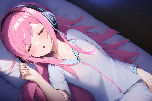 masterpiece, pink hair, long hair, hololive gamers, headphones, lying in bed, cl s 3994747548 waifu2