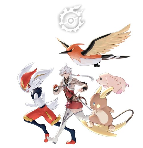  cinderace alolan raichu alisaie leveilleur red mage fletchinder and 1 more pokemon and 2 more drawn
