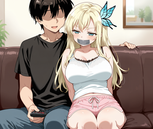1 4 00048 0.15, 1girl, kashiwazaki sena, memoi, blue eyes, bdsm, tape gag, on blue couch, living roo