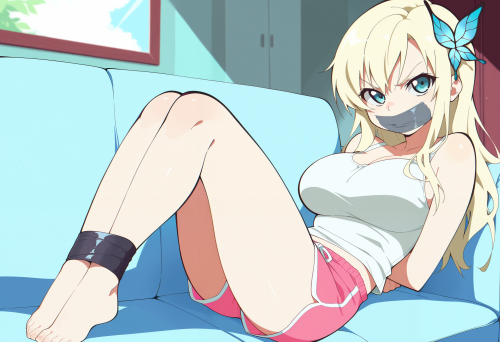 1 3 0 0.25, 1girl, kashiwazaki sena, memoi, blue eyes, bdsm, tape gag, looking at viewer, on blue co