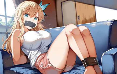 1 3 00029 0.2, 1girl, kashiwazaki sena, memoi, blue eyes, bdsm, tape gag, looking at viewer, on blue