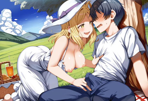1 1 00071 0.3, 1girl, ohara mari, memoi, yellow eyes, picnic, picnic basket, food, drinks, on grass,