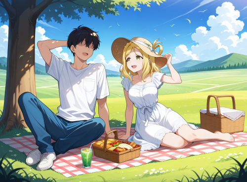 1 0 00078 0.2, 1girl, ohara mari, memoi, yellow eyes, picnic, picnic basket, food, drinks, on grass,